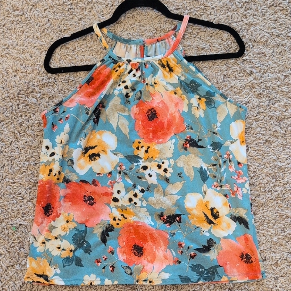 Papermoon Floral Halter Tank Top - Red and Orange on Teal - Picture 4 of 5